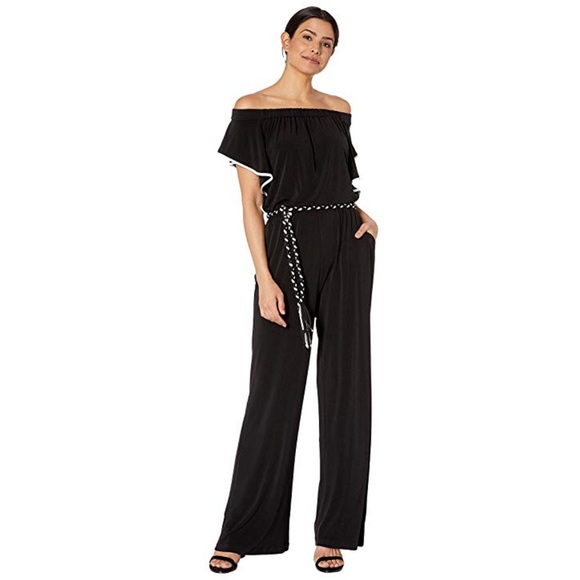 Calvin Klein Pants - CALVIN KLEIN Black/White Braid Belt Jumpsuit